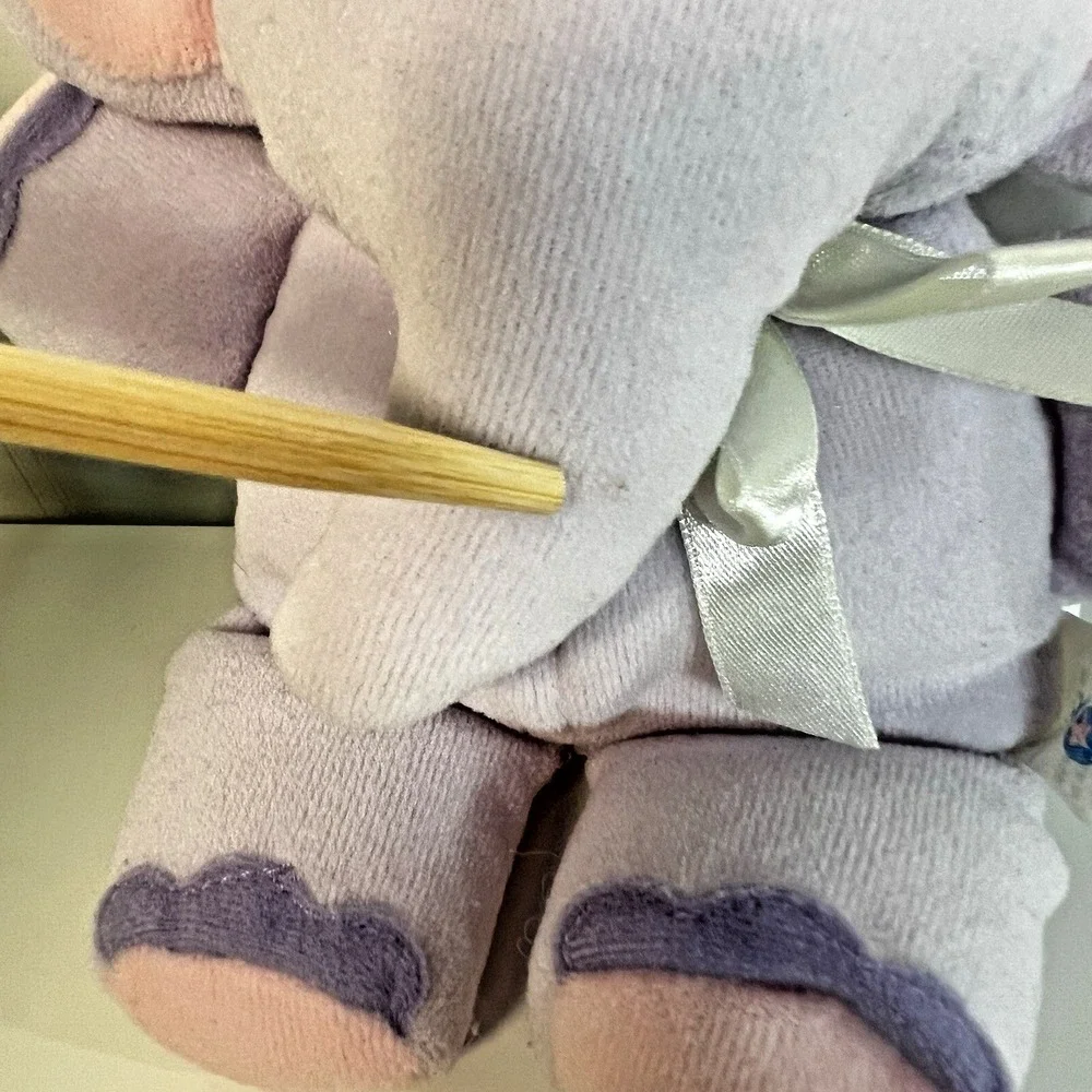 Kids II 2 Purple Elephant Soft Plush Lovey Baby Rattle With Satin Ribbon Vtg